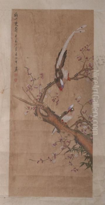 Birds, Prunus Tree And Bamboo Oil Painting by Ren Yi