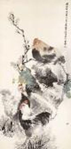 Cock And Hens Oil Painting by Ren Yi