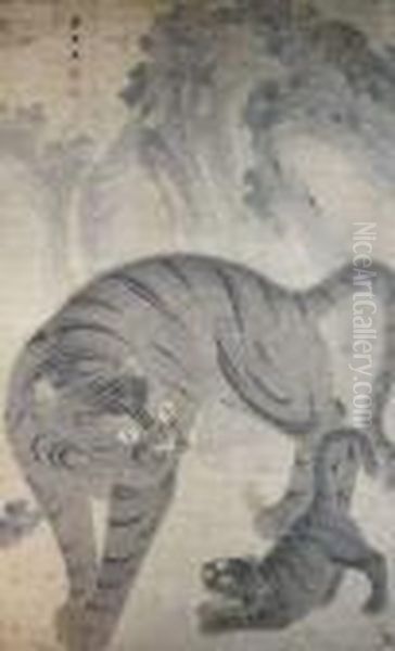 Importante Peinture Tendue Sur 
Chassis Au Lavis Sur Papier Representant Un Tigre Blanc Jouant Avec Son 
Petit Sous L'oeil D'un Singe Perche Sur Un Rocher ; Au Second Plan, Un 
Paysage De Montagnes Et Cascade. Sur Le Front Des Deux Felins, Figure Le
  Oil Painting by Tang Yin