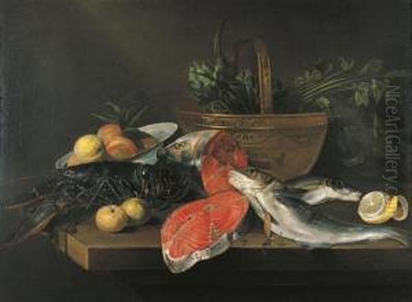 Still Life With Lobster, Salmon,
 Peeled Lemon And Fruits In A Bowland Vegetables In A Copper Basket On A
 Table. Oil Painting by Frans Ykens
