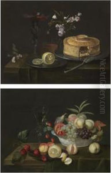 Still Life With A Meat Pie On A 
Pewter Plate, A Vase Of Flowers, An Elaborate Wine Glass And A Sliced 
Lemon On A Wooden Ledge; Still Life With Grapes, An Open Pomegranate, 
Peaches And A Fig In A Blue-and-white Wan-li Porcelain Bowl, Together 
With  Oil Painting by Frans Ykens
