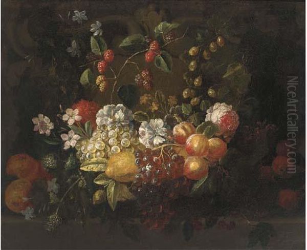 A Swag Of Grapes, Peaches, 
Lemons, Gooseberries, Raspberries, Arose And Other Mixed Flowers Over A 
Ledge Oil Painting by Frans Ykens