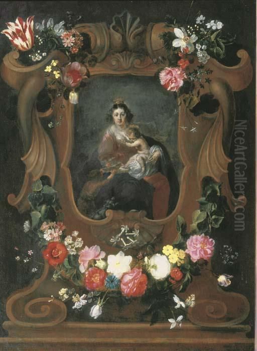 The Virgin And Child With The 
Young Saint John The Baptist, Surrounded By A Cartouche With Floral 
Garlands Oil Painting by Frans Ykens