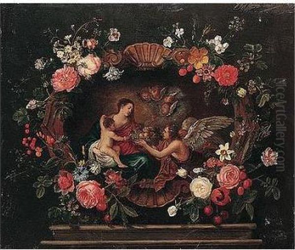 The Virgin And Child Attended By
 Angels, Within A Cartouche Adorned With Fruit And Flowers Oil Painting by Frans Ykens