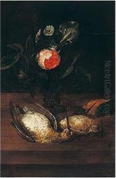 Still Life Of A Rose And Iris In
 A Roemer, Together With A Kingfisher, A Thrush And A Snipe, Upon A 
Table Top Oil Painting by Frans Ykens