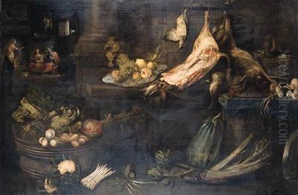A Kitchen With Dead Snipe, A Leg
 Of Ham And A Dead Hare Hangingfrom Hooks Above Stone Ledges With Dead 
Songbirds In A Copperbucket, Turnips And Fruit On A Wan-li Dish, 
Cabbages And Turnips Ina Barrel With Cauliflower, Asparagus And 
Artichokes On T Oil Painting by Frans Ykens