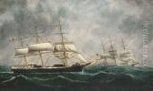 The American Clipper Caravan 
Rendering Assistance To A British Full-rigger In Mid-atlantic Oil Painting by William Howard Yorke