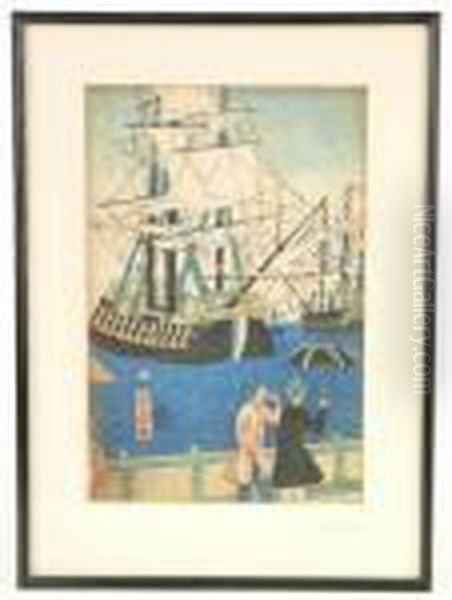 Westerners At A Port With Ships In The Background. Oil Painting by Utagawa Yoshitora