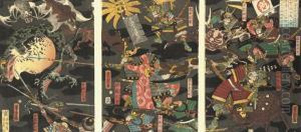 A Triptych Showing Sato Masakiyo
 In Battle With Various Animal Monsters, A Giant Toad On The Left, 
Signed Oil Painting by Utagawa Yoshitora