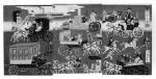 Tokyo Orai Kuruma Zukushi
 (strasenverkehr In Tokyo). Verschiedene Fahrzeugen, Die Im Strasenbild 
Von Tokyo Damals Zu Sehen Waren Mit Ihren Namen. Bez.: Ichimosai 
Yoshitora Ga. Verlag: Masadaya. Zensur- Und Datumsstempel: Oil Painting by Utagawa Yoshitora