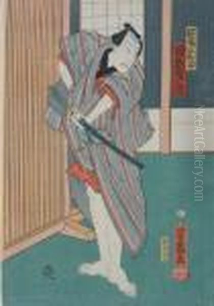 A Group Of Three Woodblock 
Prints Of Kabuki Actors, Each With Publisher's Seal Of Yamamotoya 
Heikichi Oil Painting by Utagawa Yoshitora