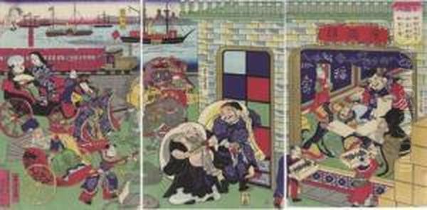 Shichifukujin (seven Gods Of Good Fortune [at The Koguro Paper Company, Yokohama]) Oil Painting by Utagawa Yoshitora