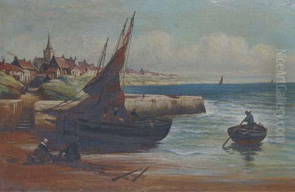 Unloading The Day's Catch On A 
Scottish Quayside; And Mending The Nets On The Scottish Coast Oil Painting by Alexander Young