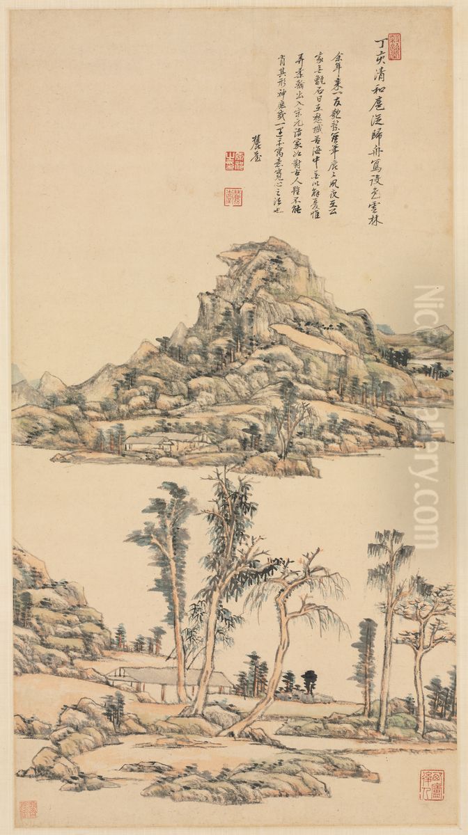 Landscape After Ni Zan Oil Painting by Wang Yuanqi