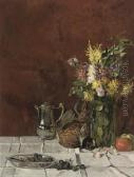 A Bowl Of Grapes, A Silver 
Coffee Pot, A Pheasant, A Vase Of Flowers And Apples On A Draped Table Oil Painting by Edmond Yvon