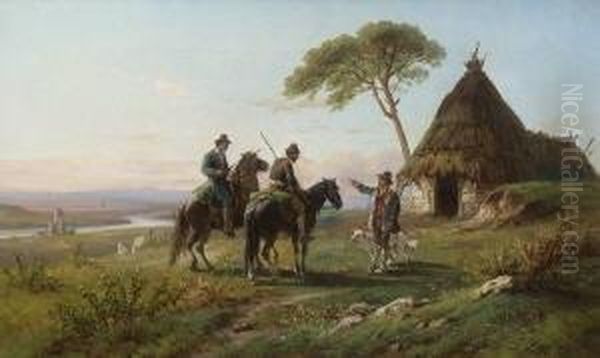 Berittene Hirten Vor Der
 Bauernkate Oil Painting by Johann Zahnd