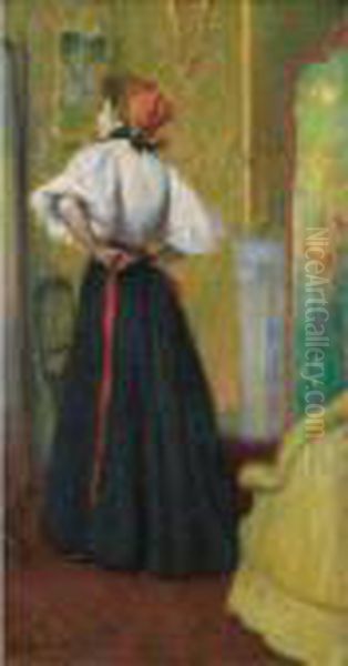 Devant La Glace [ ; Looking At 
Herself In The Mirror, Oil On Canvas Signed And Dated '95 ; Bought 
Directly From The Artist By Durand-ruel In 1895] Oil Painting by Federigo Zandomeneghi
