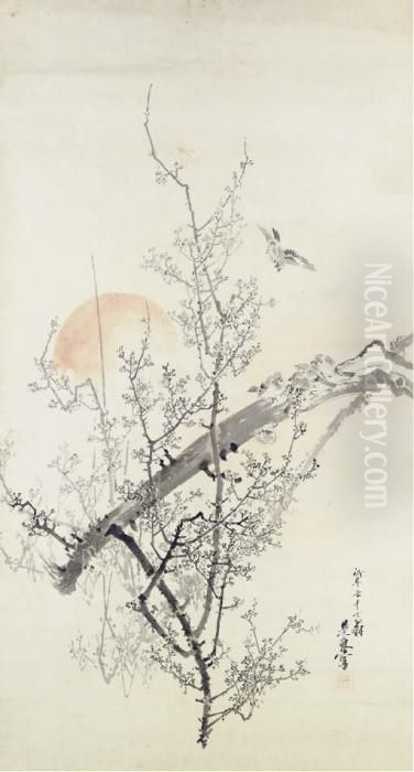 Sparrows On Plum Branch At Sunset Oil Painting by Zeshin Shibata