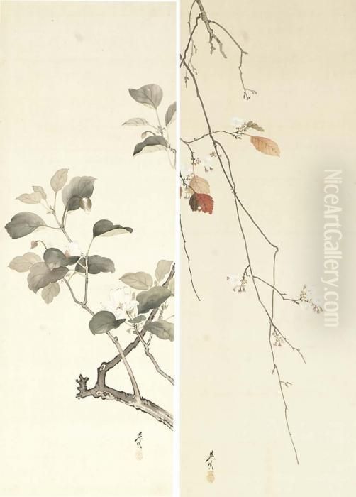 Summer And Winter (camellia And Cherry) Oil Painting by Zeshin Shibata