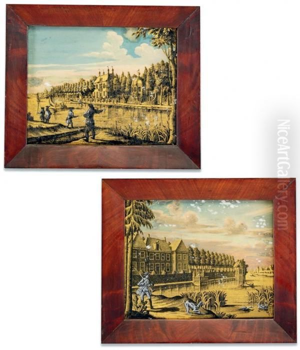 Soldiers On The Banks Of A River, With Manor Homes
Amidst Trees In The Background, The Other Representing A Soldier
And A Dog Before A River With Rows Of Houses In The Background,
Each Within A Rectangular Mahogany Frame Oil Painting by Jonas Zeuner