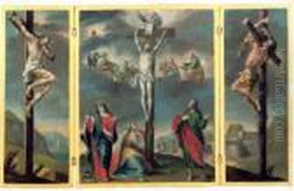 A Crucifixion Triptych: Central 
Panel: The Crucifixion With God The Father And The Four Evangelists; 
Left Wing: The Good Thief; Right Wing: The Bad Thief Oil Painting by Januarius Zick