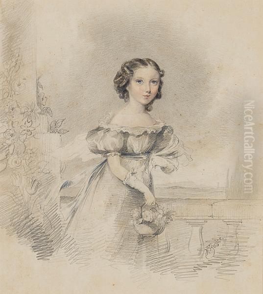 A Girl, Three-quarter Length, 
Standing Beside A Balustrade, Wearing Dress With Lace Trim And Puff 
Sleeves, Shawl And Gloves, She Holds A Basket Of Flowers. Oil Painting by Henry Bryan Ziegler