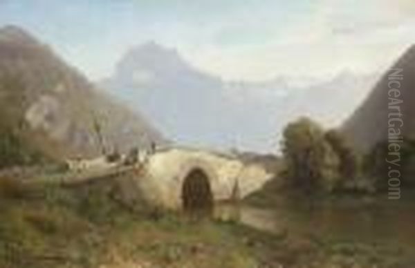 Steinbrucke In Sudlicher
 Gebirgslandschaft. Oil Painting by Friedrich Zimmermann