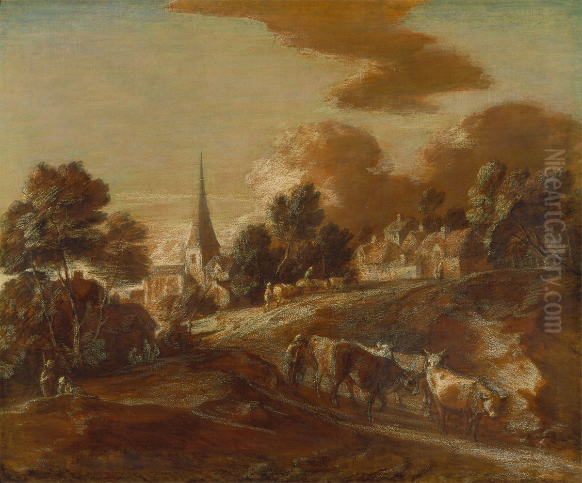 An Imaginary Wooded Village with Drovers and Cattle Oil Painting by Thomas Gainsborough
