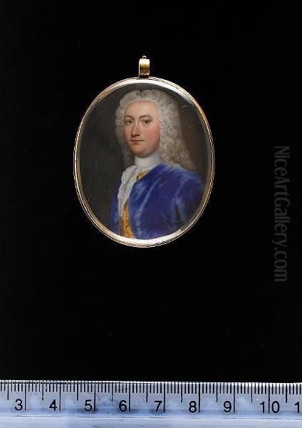 A Gentleman, Wearing Blue Coat, 
Yellow Waistcoat, Frilled White Chemise, Matching Stock And Full Length 
Powdered Wig. Oil Painting by Christian Friedrich Zincke