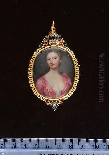 Frances Lumley-saunderson, 
Countess Of Scarbrough (nee Douglas) (d.1772), Wearing Revealing Pink 
Dress Over White Underslip, Her Light Brown Hair Falling Over Her Right 
Shoulder. Oil Painting by Christian Friedrich Zincke