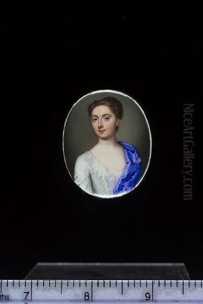 A Lady, Wearing White Dress And 
Blue Shawl Over Her Left Shoulder, Her Hair Upswept (hairline Crack) Oil Painting by Christian Friedrich Zincke