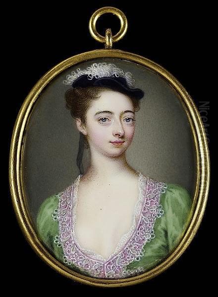 A Lady, Wearing Decollete 
Leaf-green Dress Trimmed With White Lace Over Pink Ribbon And Black 
Velvet Cap Trimmed With White Ostrich Feathers, Her Hair Upswept And 
Tied With A Trailing Grey Ribbon Oil Painting by Christian Friedrich Zincke