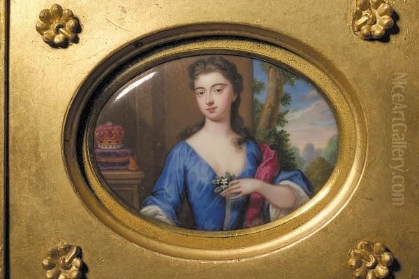 A Miniature Portrait Of A 
Duchess In A Blue Dress, With White Under Dress And Crimson Cloak, 
Holding A Flower, An Ermine-trimmed Coronet To Her Right, Against A 
Landscape Background Oil Painting by Christian Friedrich Zincke