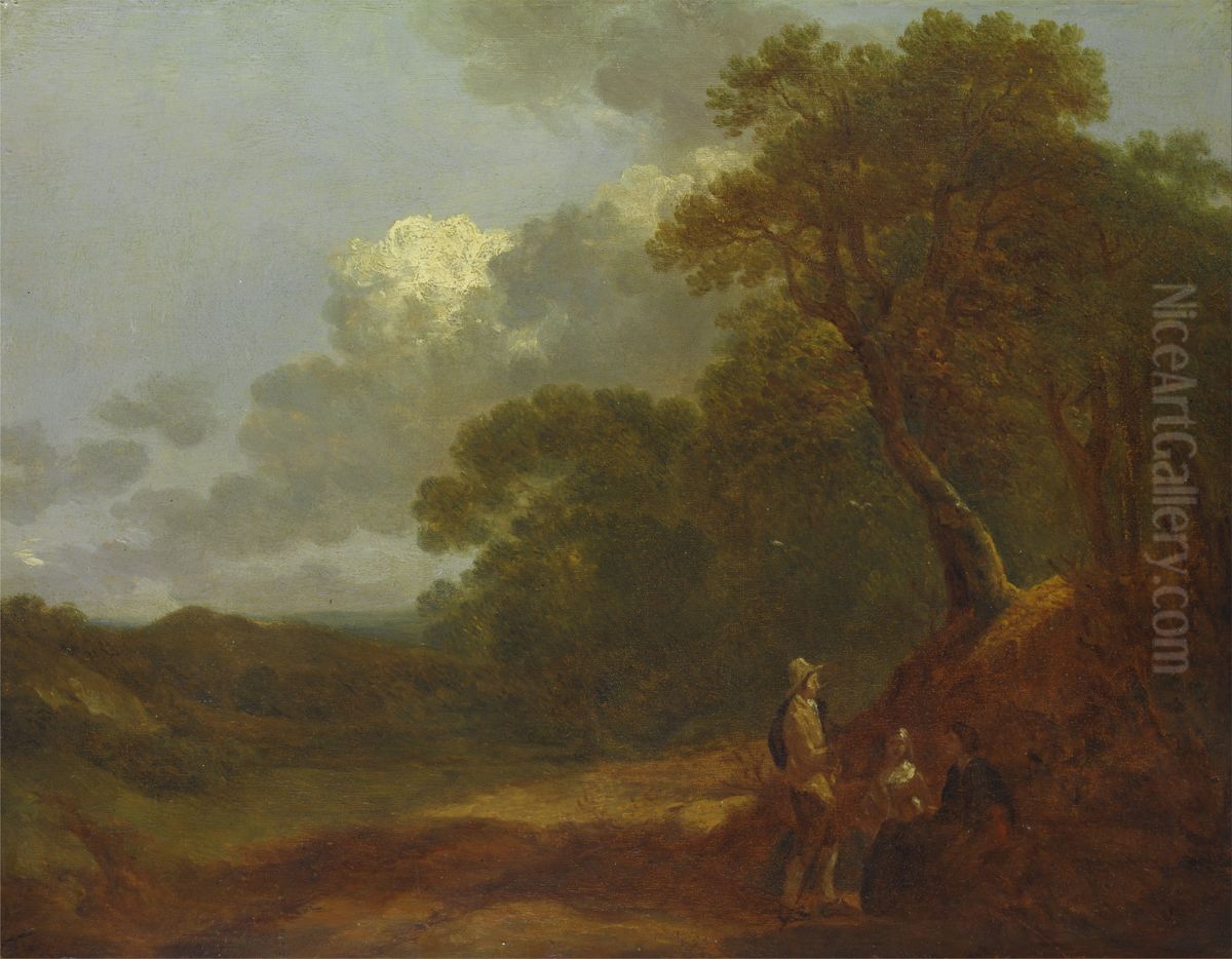Wooded Landscape with a Man Talking to Two Seated Women Oil Painting by Thomas Gainsborough