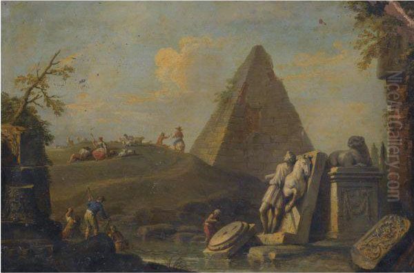 A Capriccio Landscape With The 
Pyramid Of Mucius Scaevola And Fishermen Drawing In Their Nets From A 
Stream Oil Painting by Giuseppe Zocchi