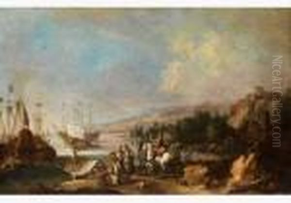 Mediterrane Hafenbucht Mit 
Reitern, Orientalischen Kaufleuten Und Mehreren Anliegenden Schiffen Oil Painting by Giuseppe Zocchi