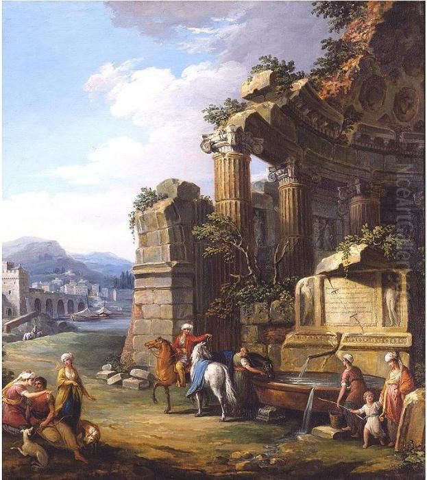 An Italianate River Landscape 
With Classical Ruins, Figures Dressed In Oriental Costume Watering Their
 Horses At A Fountain With Others Fetching Water Nearby Oil Painting by Giuseppe Zocchi