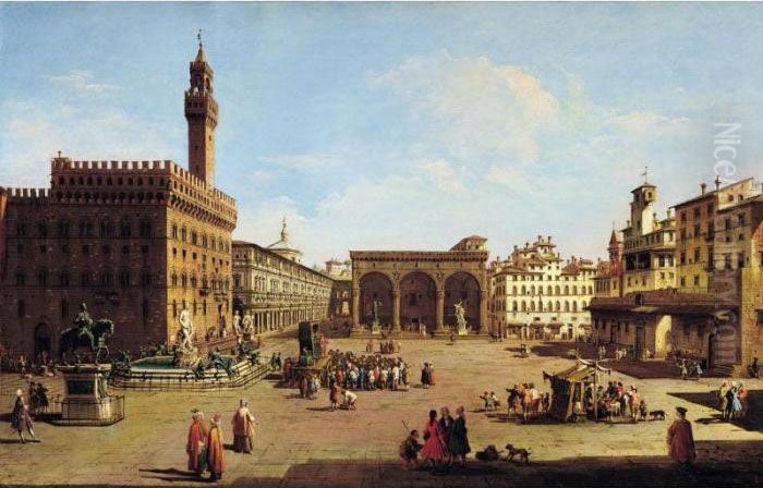Florence, A View Of The Piazza 
Della Signoria Looking East, With The Palazzo Vecchio And The Loggia Dei
 Lanzi, And Figures Gathered Around A Puppet-show Oil Painting by Giuseppe Zocchi