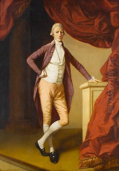 Portrait Of A Young Man, 
Full-length, In Acrimson Coat And A White Waistcoat, Leaning On A Stone 
Plinth Oil Painting by Johann Zoffany