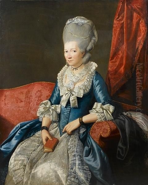 Portrait Of A Lady, 
Three-quarter-length, In A Blue, Lace-trimmed Dress With A Pearl 
Headdress And A Miniature On Her Wrist, Seated In A Red Chair Before A 
Red Curtain Oil Painting by Johann Zoffany