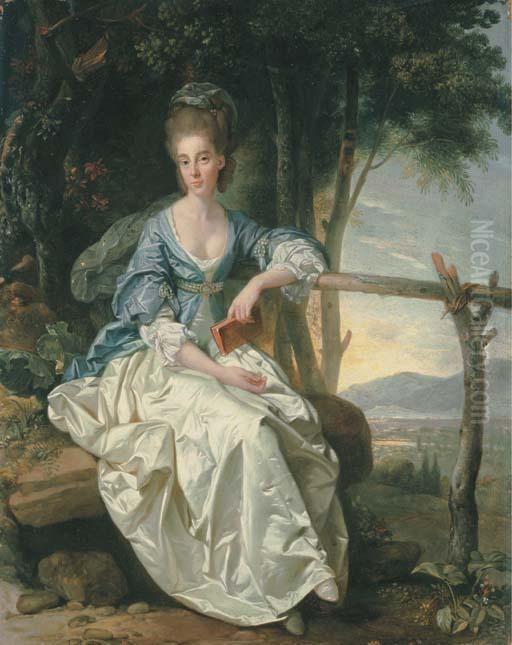 Portrait Of Miss Matilda 
Clevland, Small Full-length, Seated, In Ablue And White Dress, Holding A
 Red Book In Her Left Hand, In Atuscan Landscape Oil Painting by Johann Zoffany