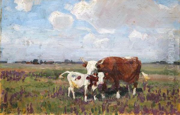 Alfoldi Taj Tehenekkel Oil Painting by Lajos Zombory