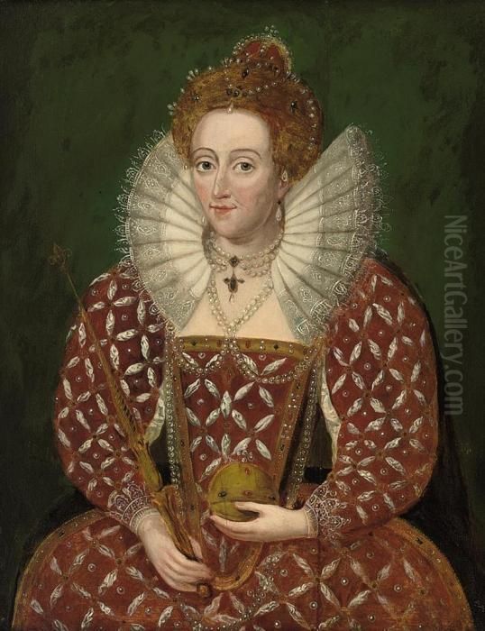 Portrait Of Queen Elizabeth I 
(1533-1603), In A Richly Embroidered And Bejewelled Red Dress, Holding 
An Orb And Sceptre Oil Painting by Federico Zuccaro