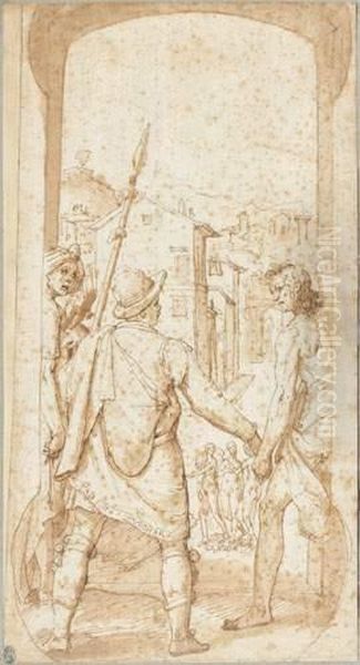 Scene De La Vie De Taddeo : 
Taddeo Zuccaro Entrant Dans Rome Entre Le Dessin Et L'inspiration
 Plume Et Encre Brune Sur Trait De Crayon Noir, Lavis Brun Oil Painting by Federico Zuccaro