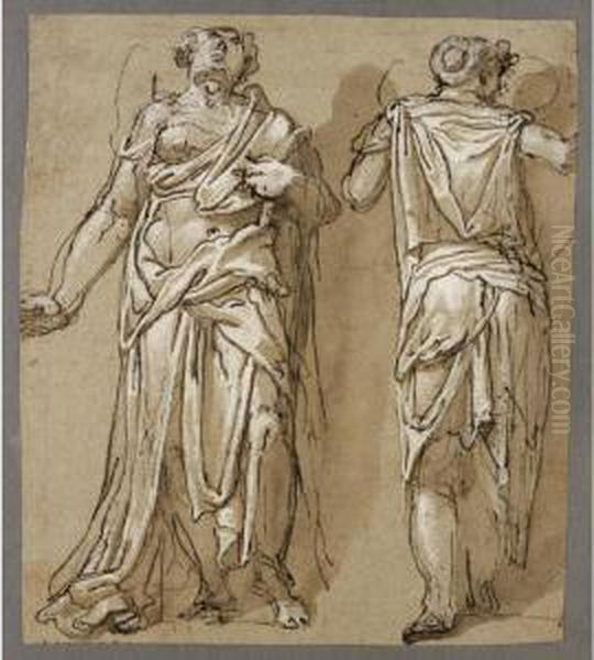 Two Female Figures In Classical 
Dress, One Seen From Behind, Kissing A Head Sketched In The Background Oil Painting by Taddeo Zuccaro