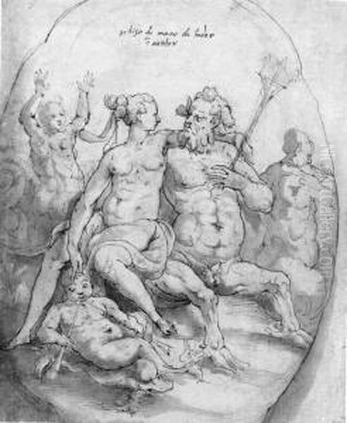 A Centaur And A Nereid With 
Tritons, A Putto And A Dolphin (recto);a Centaur And A Triton In Combat,
 A Nereid And Other Marinecreatures (verso) Oil Painting by Taddeo Zuccaro