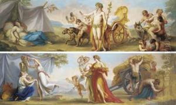 The Triumph Of Bacchus And 
Ariadne, With Cherubs In Attendance, In A Coastal Landscape; And 
Harvesters And Nymphs In An Extensive Landscape Oil Painting by Antonio Zucchi