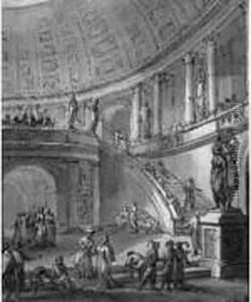 Personnages Dans Une 
Architecture Antique Pierre Noire, Plume Et Encre Brune Et Noire, Lavis 
De Gris Et De Bistre Sur Papier Prepare Beige Oil Painting by Antonio Zucchi