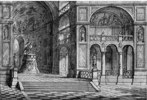 Two Stage Designs: The Interior 
Of A Palace With An Equestrianmonument; And A View Of Courtyard With A 
Fountain On Aterrace Oil Painting by Antonio Zucchi