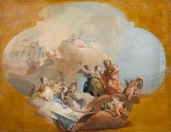 Of The Apotheosis Of Avenetian 
Nobleman Accompanied By The Four Cardinal Virtues, Withina Painted 
Cartouche Oil Painting by Francesco Zugno